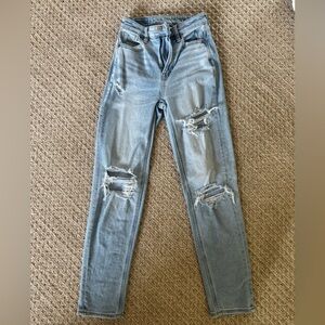 American Eagle Outfitters High Rise Ripped Straight Leg Blue Jeans